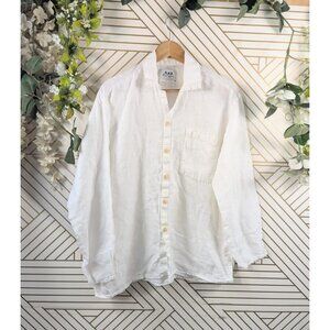 FLAX Women's White Linen Button Down Shirt Long Sleeve Lightweight Top READ